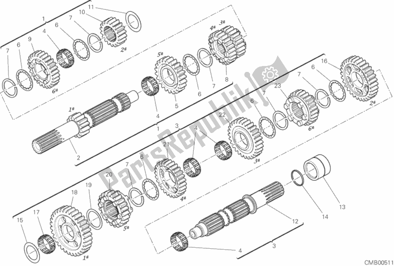 All parts for the Gear Box of the Ducati Multistrada 1260 S Pikes Peak Thailand 2018